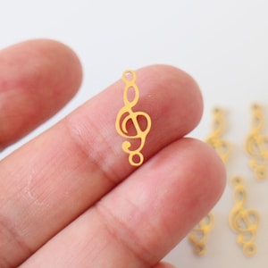 2 connecteurs notes de musique clés de sol ciselées en Acier inoxydable or 18,5 x 7 mm