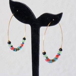 Gold stainless steel hoop earrings with round multicolored beads - Handmade