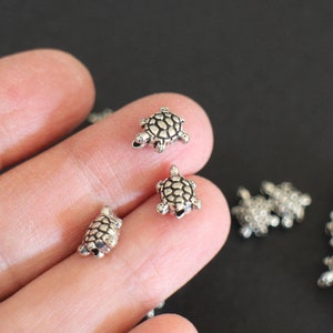 May include: A close-up of a hand holding several silver turtle charms. The charms are detailed and have a textured shell design.