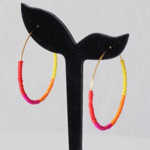 Stainless steel hoop earrings with multi-colored seed beads - Handmade