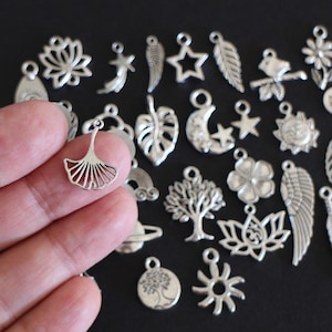 May include: A collection of silver charm pendants featuring various nature-inspired designs, including leaves, flowers, stars, moons, and trees.