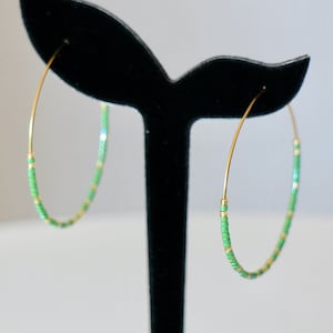 Stainless steel hoop earrings with green Miyuki beads - Handmade