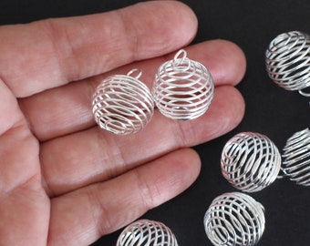 10 silver metal spring spiral bead cages 25 x 20 mm