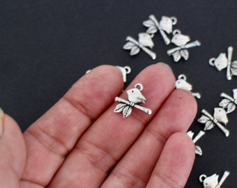 10 bird charms on its branch in silver-plated brass 17 x 16 mm for your nature animal theme jewelry creations for example