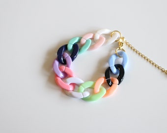 Chunky multicoloured link bracelet and gold stainless steel, handmade