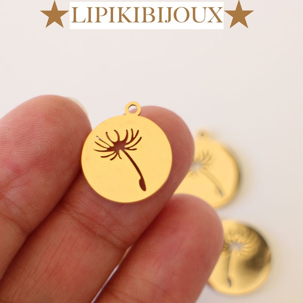 Un pendentif breloque ronde pissenlit finement creusé en acier inoxydable or 18,5 x 16 mm pour vos réalisations bijoux nature