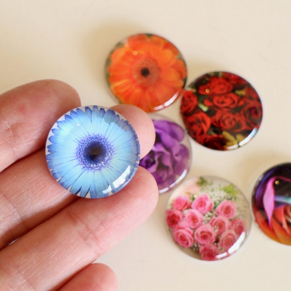 6 cabochons ronds fleur multicolore en verre finement bombé effet loupe 25 mm Fait-main apprêts pour vos créations bijoux bucoliques