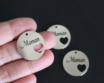 2 pendentifs breloques rondes écrit Maman gravée et coeur en acier inoxydable argent 25 mm pour vos créations bijoux fêtes des mères