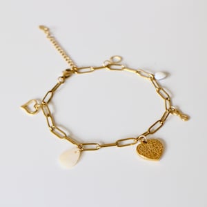 Ankle chain with charms in stainless steel, mother-of-pearl and enamel - Handmade