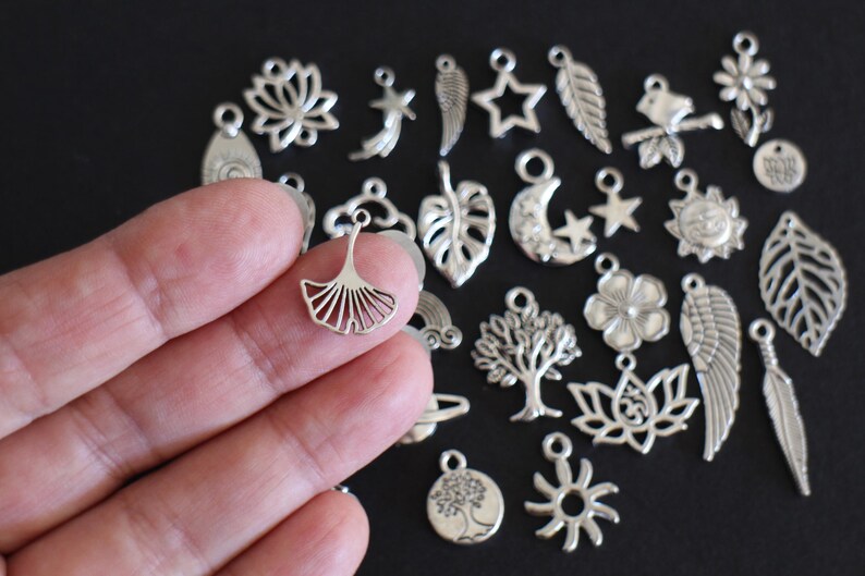 May include: A collection of silver charm pendants featuring various nature-inspired designs, including leaves, flowers, and a crescent moon.