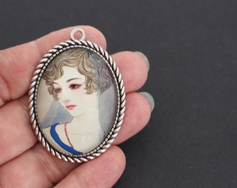 2 charms cabochons portrait of woman Handmade