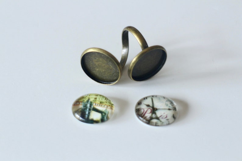 KIT DIY BAGUE cabochons Paris Eiffel Tower and London Tower Bridge in glass and bronze metal