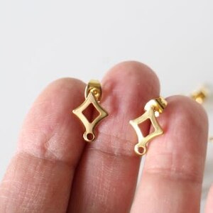 2 stud earrings ear supports hollow diamond shape with gold stainless steel rings 14 x 9 mm to personalize