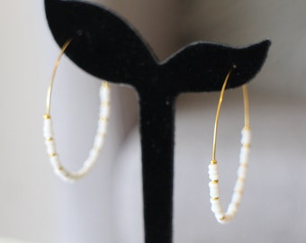 Gold stainless steel hoop earrings and white glass beads Handmade