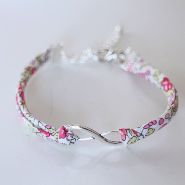 DIY bracelet kit in authentic Liberty Éloise classic pink and white floral and infinity symbol in silver metal with instructions provided