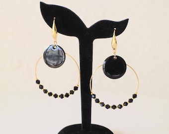 Handmade gold-plated stainless steel earrings with round black enamel charms