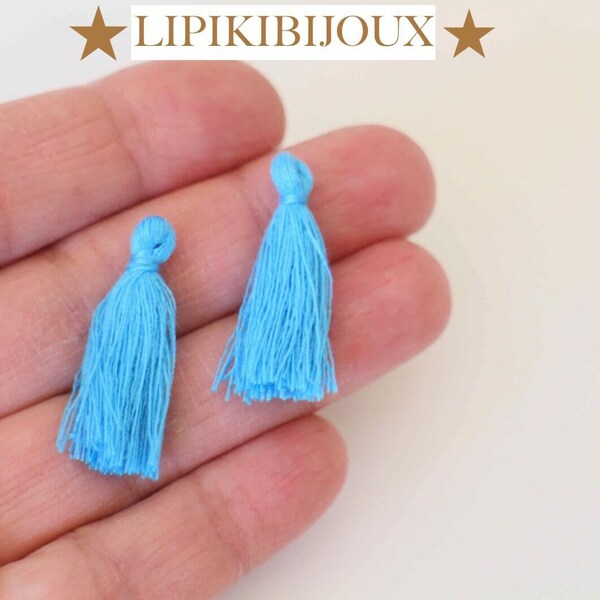 10 pompons à franges bleu en 100% coton pour vos créations bijoux