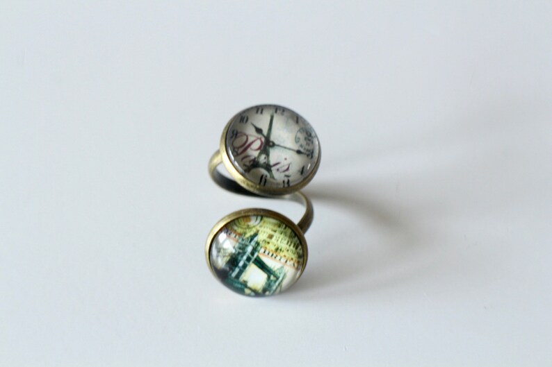 KIT DIY BAGUE cabochons Paris Eiffel Tower and London Tower Bridge in glass and bronze metal