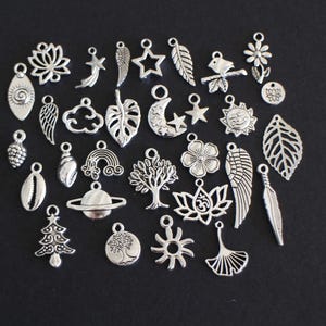 May include: A collection of 28 silver charm pendants featuring various designs, including stars, moons, leaves, flowers, animals, and symbols. The charms are perfect for jewelry making, scrapbooking, and other craft projects.