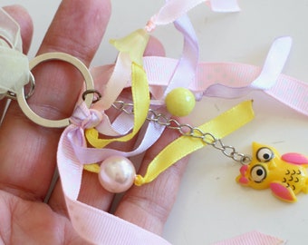 Pink and yellow silver owl bag charm Handmade