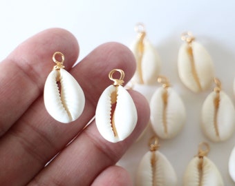 2 natural cowrie shell pendant charms with 18K gold-plated brass wire ring loop for your summer marine jewelry creations