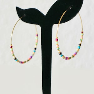Stainless steel hoop earrings with multi-colored seed beads - Handmade