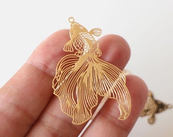 2 large Japanese fish charm pendants finely crafted in golden brass 49 x 30 mm for your nature jewelry creations