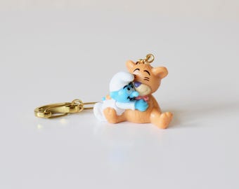 Handmade Gold Stainless Steel Baby Smurf and Teddy Bear Keychain