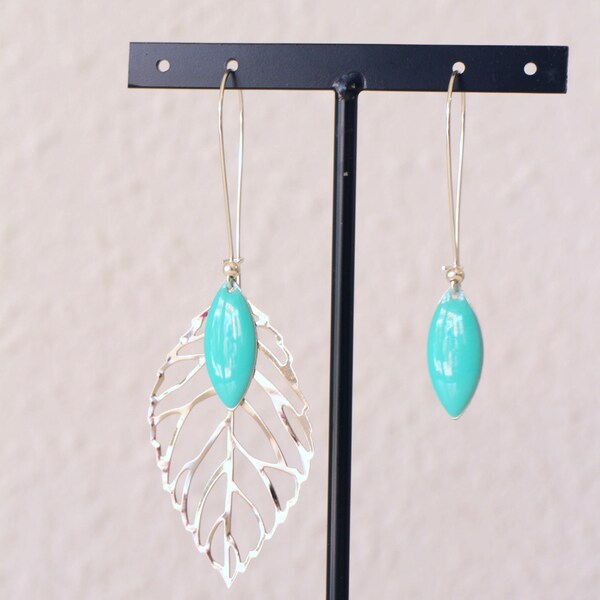 Boucles d'oreilles feuilles argent et émail turquoise Fait-main