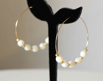 Gold stainless steel and mother-of-pearl bead hoop earrings Handmade