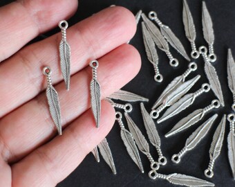10 identical feather charms on both sides in silver-plated brass 29 x 5 mm for your boho style jewelry creations