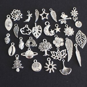 May include: A collection of silver charm pendants featuring various designs, including leaves, stars, moons, flowers, and animals. The charms are perfect for adding a personal touch to jewelry or crafts.