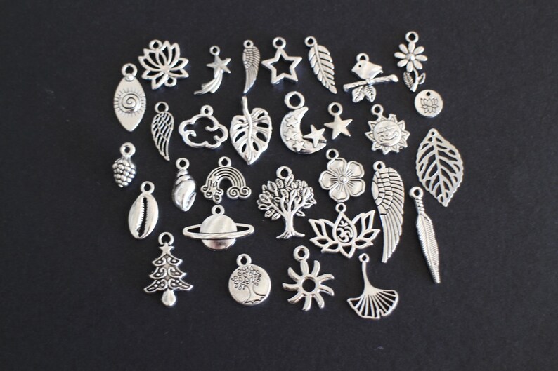 May include: A collection of silver charm pendants featuring various designs, including leaves, stars, moons, flowers, and animals. The charms are perfect for adding a personal touch to jewelry or crafts.
