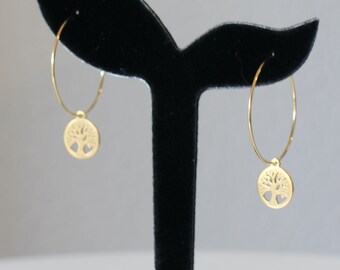 Round tree of life hoop earrings in gold stainless steel Handmade light earrings zen nature style