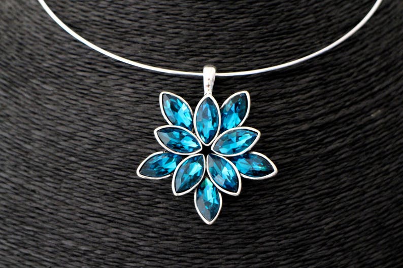 DIY KIT flower print rhinestone blue Peacock glass pendant necklace