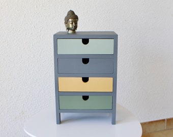 Small handmade gray and multi-colored wooden shelf unit for makeup storage, jewelry box, secret box