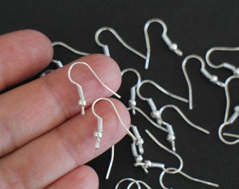 30 boucles d'oreilles supports crochets hameçons en métal argenté avec petite perle 21 x 20 mm