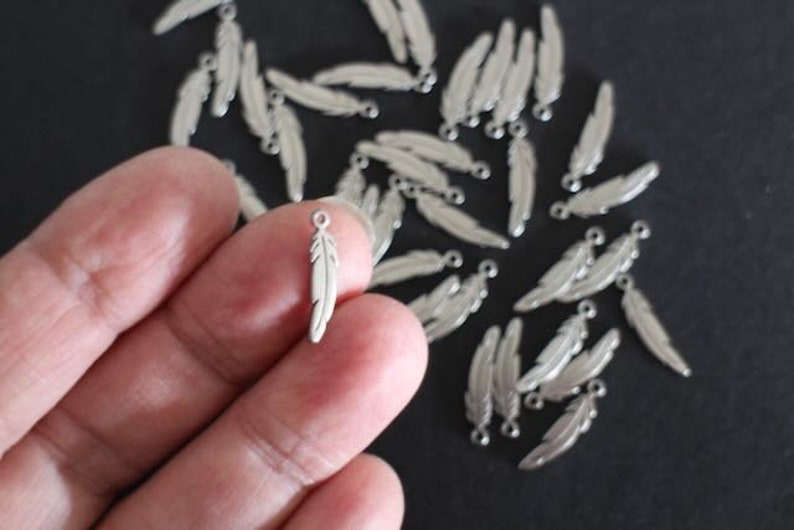 6 finely crafted silver stainless steel feather charms 17 x 4.5 mm image 3