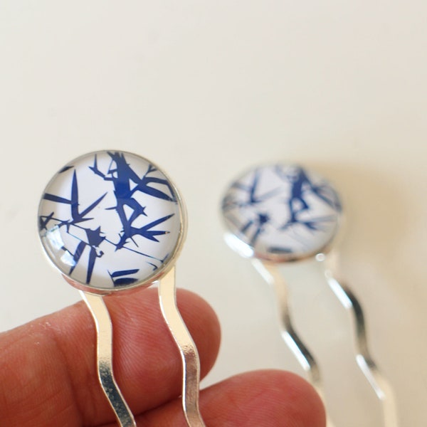 Pics cheveux barrettes forme vagues zigzag cabochons en verre motifs bambou japonais bleu et argent Fait-Main