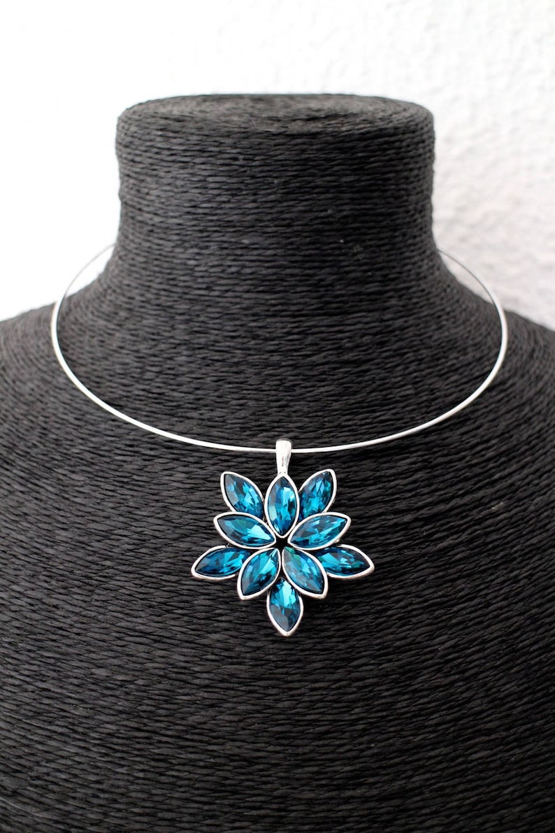DIY KIT flower print rhinestone blue Peacock glass pendant necklace