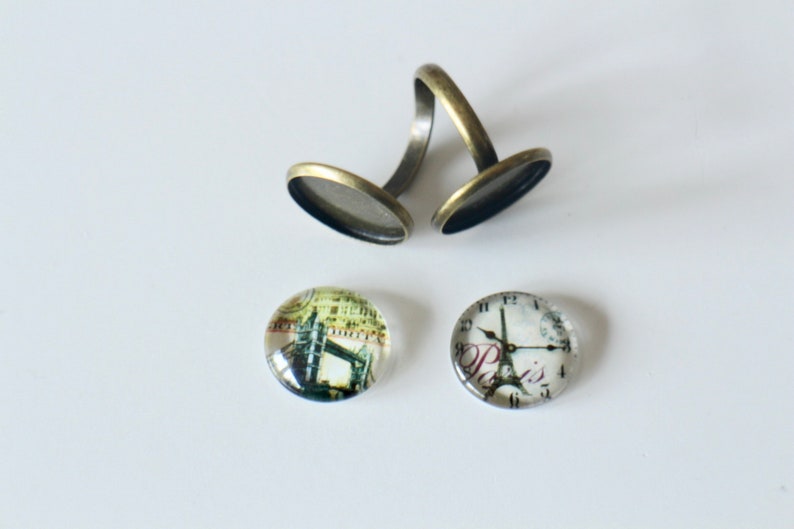 KIT DIY BAGUE cabochons Paris Eiffel Tower and London Tower Bridge in glass and bronze metal