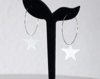 Shiny silver star hoop earrings Handmade in free gift packaging