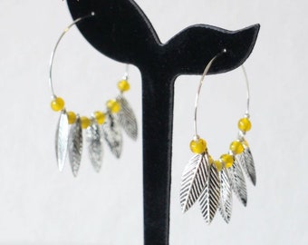 Silver and yellow leaf hoop earrings, boho style, handmade, unique earrings, shipped in gift packaging