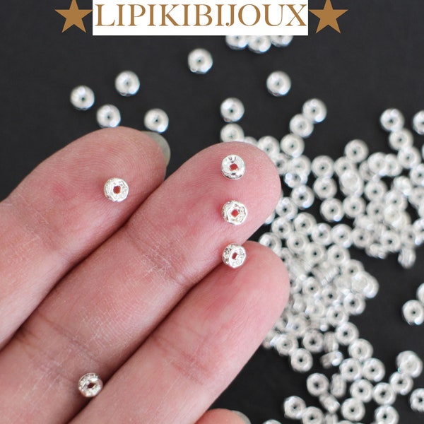 20 perles strass rondelles et métal argenté 4 mm