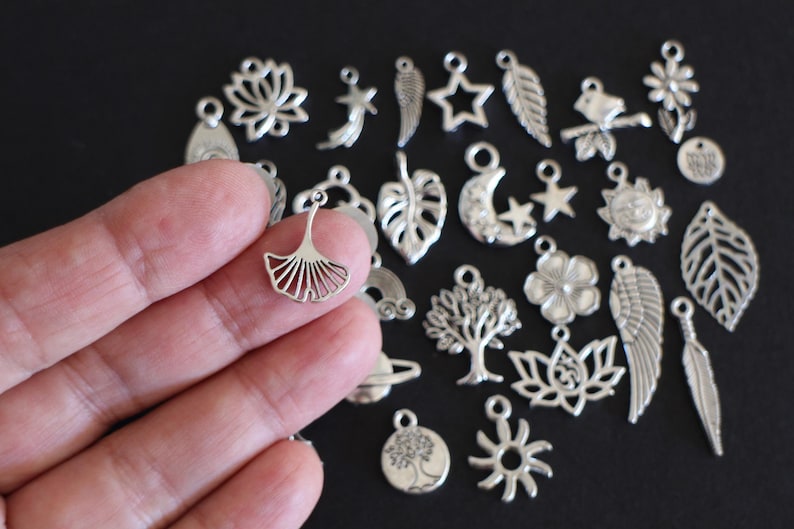 May include: A collection of silver charm pendants featuring various nature-inspired designs, including leaves, flowers, stars, moons, and trees.