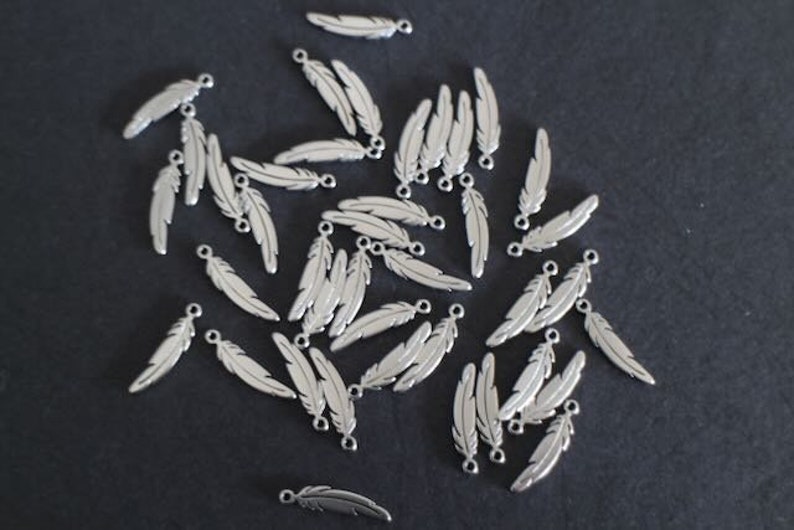 6 finely crafted silver stainless steel feather charms 17 x 4.5 mm image 2