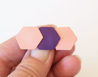 Pink and purple honeycomb shaped leather brooch Handmade contemporary style gift packaging is offered to you