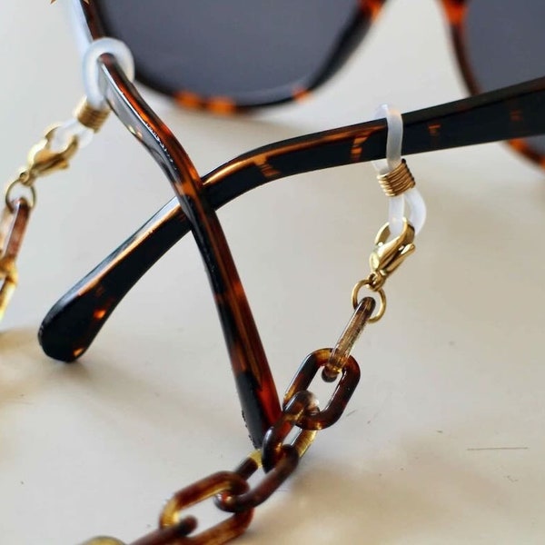 Chaine lunettes écailles de tortue et acier doré Fait-main