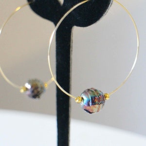 Stainless steel hoop earrings with round ceramic beads - Handmade