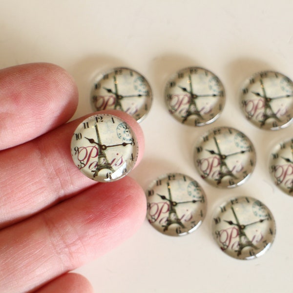 14 Cabochons Tour Eiffel et horloge en verre 16 mm